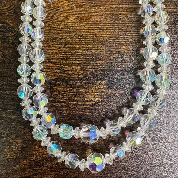 Aurora Borealis Crystal Choker Necklace Layered Beaded Iridescent AB Vintage - Picture 7 of 11